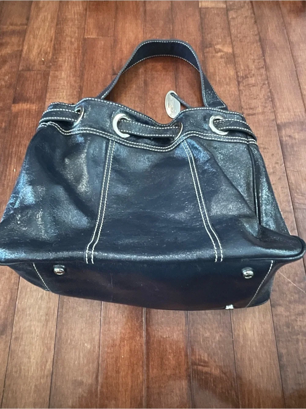 Vintage Talbots Navy Patent Leather Handbag W/ Silver Hardware